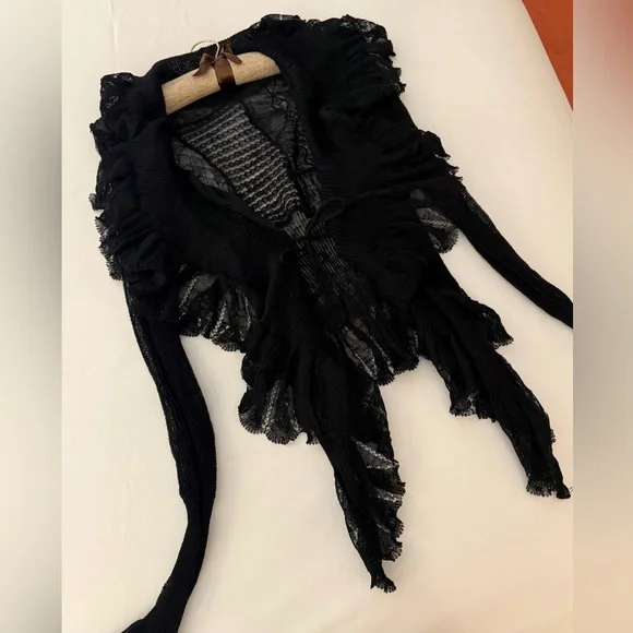 ✨Black Multi-Knit Ruffled Cardigan | Ruffled Trim & Sheer | Statement Piece - Picture 5 of 8